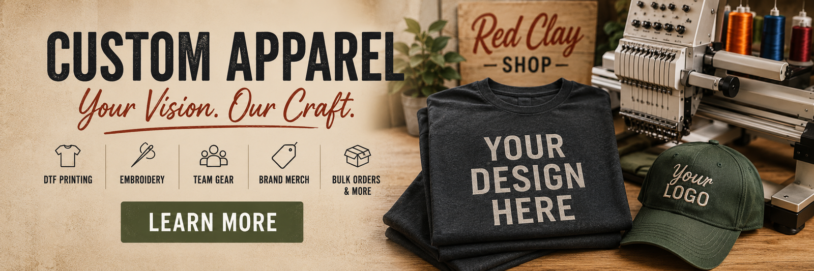 Custom Apparel — Your Vision. Our Craft. DTF printing, embroidery, team gear, brand merch, bulk orders.