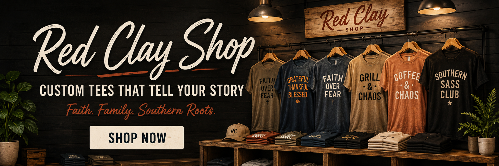Red Clay Shop — Custom Tees That Tell Your Story. Faith. Family. Southern Roots.